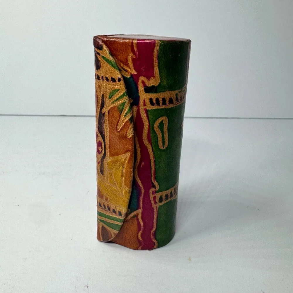 Vintage Genuine Leather Lipstick Case Mirror Embossed Elephant Palm‎ Made India